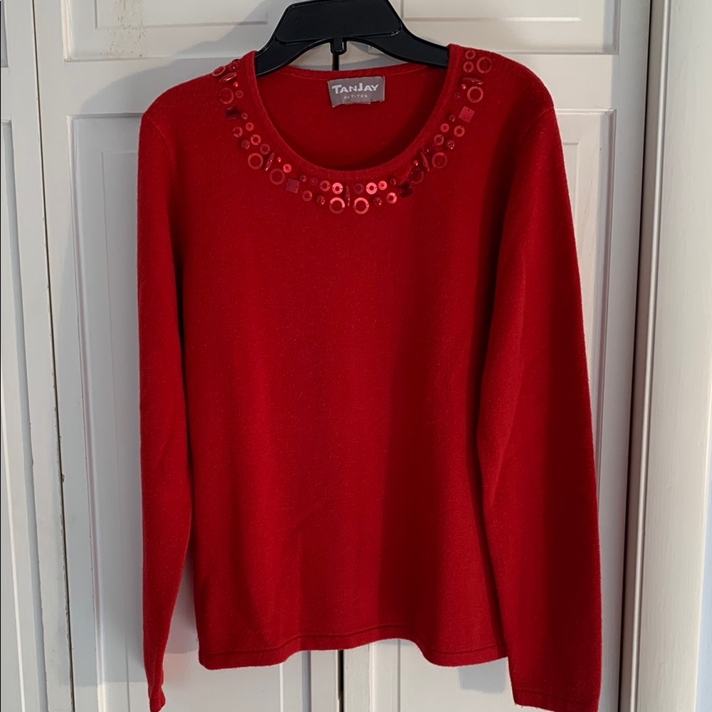 TanJay Red Crew Neck Sweater EUC - Picture 2 of 6